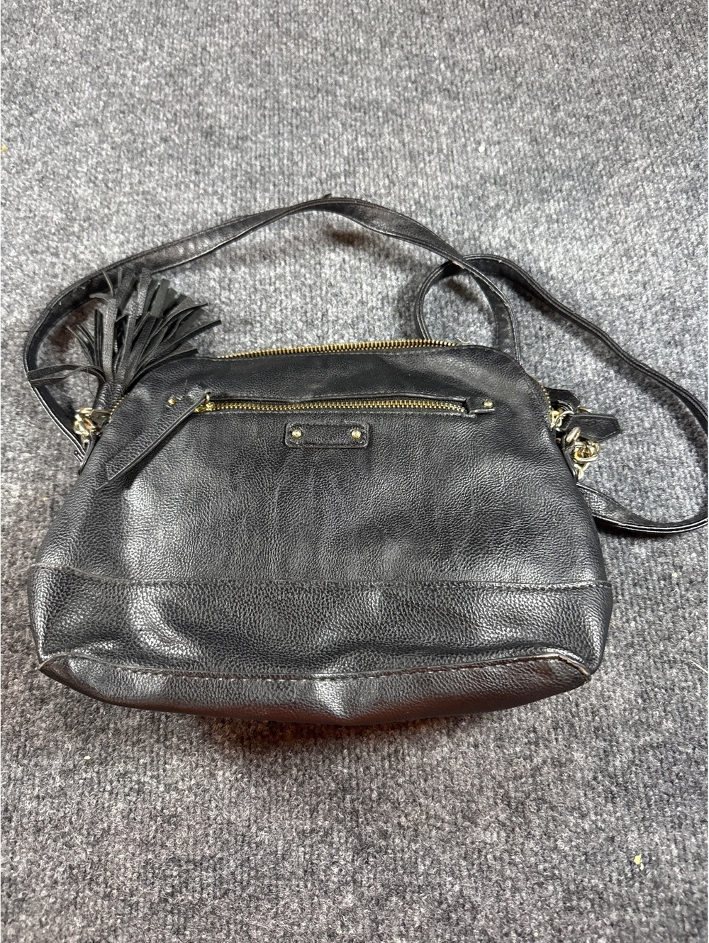 Womens Black Leather Crossbody Shoulder Bag Tassel